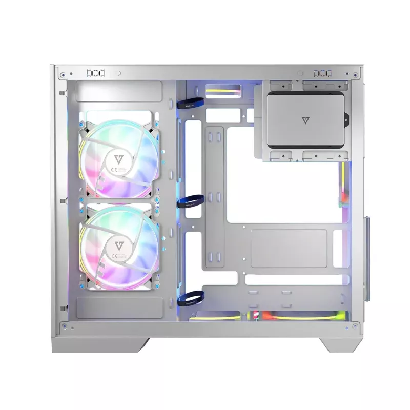 PC-Gehäuse MODECOM Volcano Panorama Midi Tower weiß — micro ATX, gehärtetes Glas, ARGB, USB-C, unterstützt GPU 400 mm