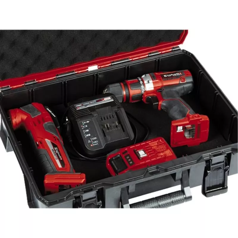 Einhell 4540019 E-Case S-F Systemkoffer mit Rasterschaumstoff, spritzwassergeschützt, Polypropylen, 25 kg Tragelast, Schwarz/Rot