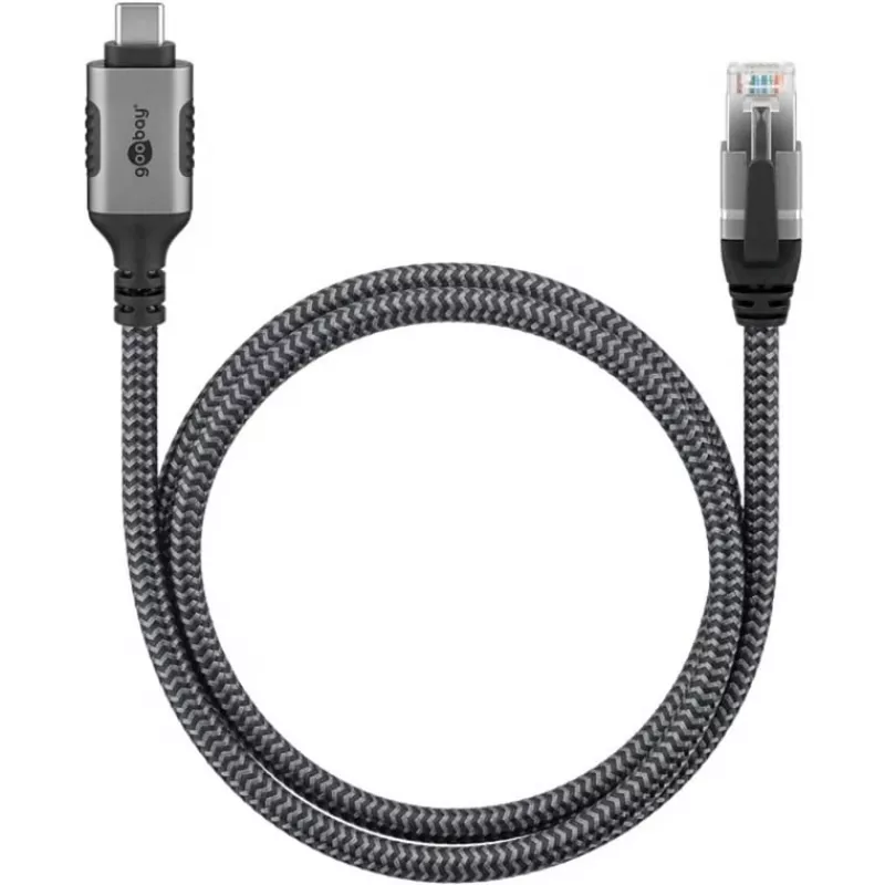Ethernet-Kabel USB-C 3.2 Gen2 Stecker > RJ-45 Stecker, LAN-Adapter schwarz/Silber, 1,5 Meter, geflochtene Textilummantelung