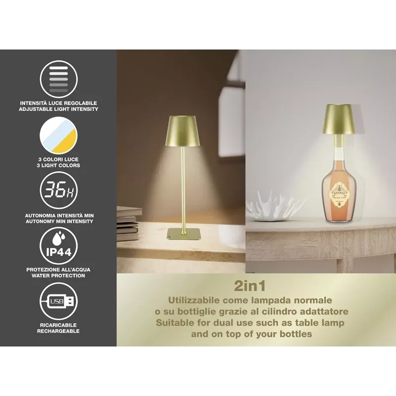 Beper P201UTP116 wiederaufladbare LED-Tischleuchte, 1,5 W, Touch-Schalter, dimmbar, 33-mm-Flaschenadapter, wasserbeständig, Gold