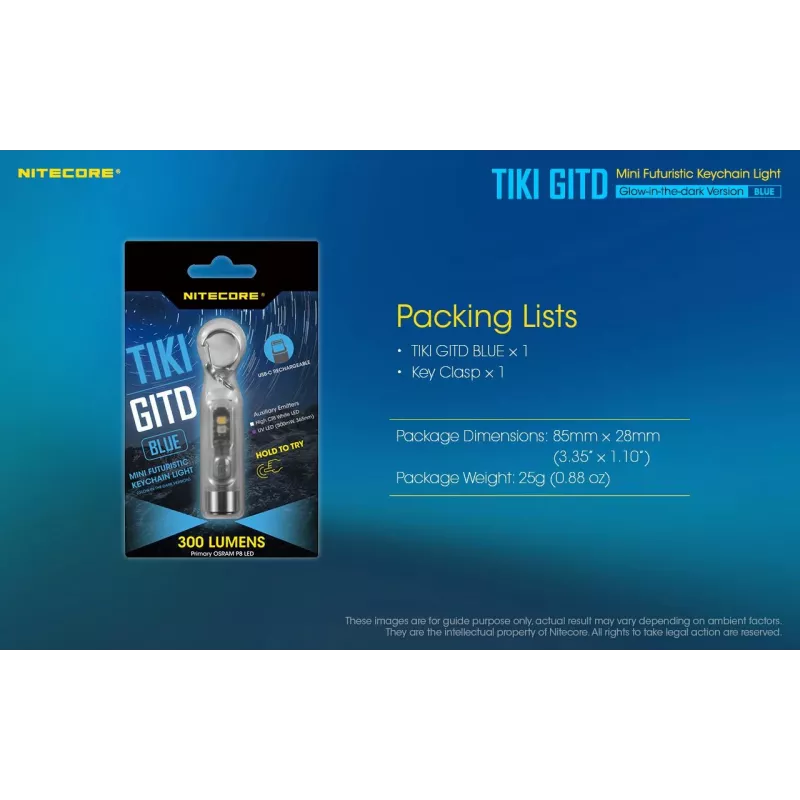 Nitecore TIKI GITD BLUE Taschenlampe, T-Serie, 300 Lumen