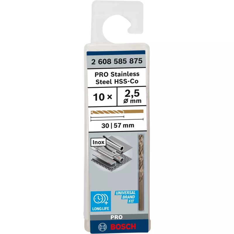 Bosch 2 608 585 875 PRO Stainless Steel HSS-Co Spiralbohrer, Ø 2,5 mm, Arbeitslänge 30 mm, zylindrischer Schaft, 10 Stück
