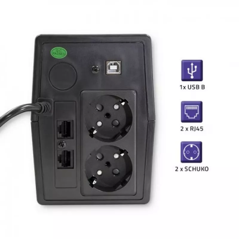 Qoltec Monolith 53980 USV 1000 VA 600 W, 2x Schuko, LCD, USB, RJ45