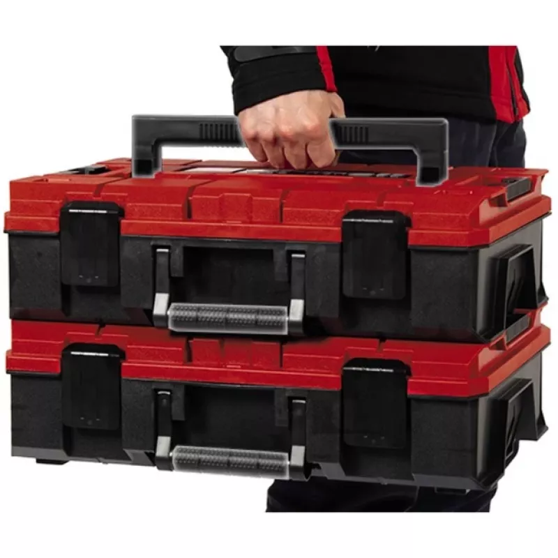 Einhell 4540019 E-Case S-F Systemkoffer mit Rasterschaumstoff, spritzwassergeschützt, Polypropylen, 25 kg Tragelast, Schwarz/Rot