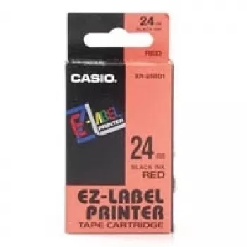 Etikettenrolle CASIO XR-24RD1 — selbstklebende Etiketten schwarz auf rot, 2,4 cm × 8 m, 1 Rolle