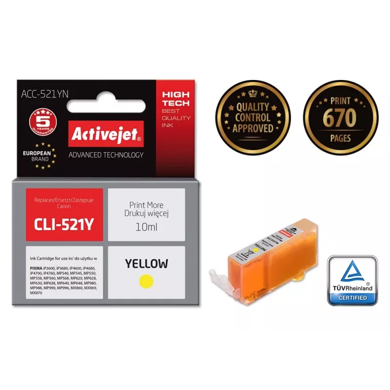 Activejet ACC-521YN Tinte, Ersatz für Canon CLI-521Y, Supreme, 10 ml, gelb