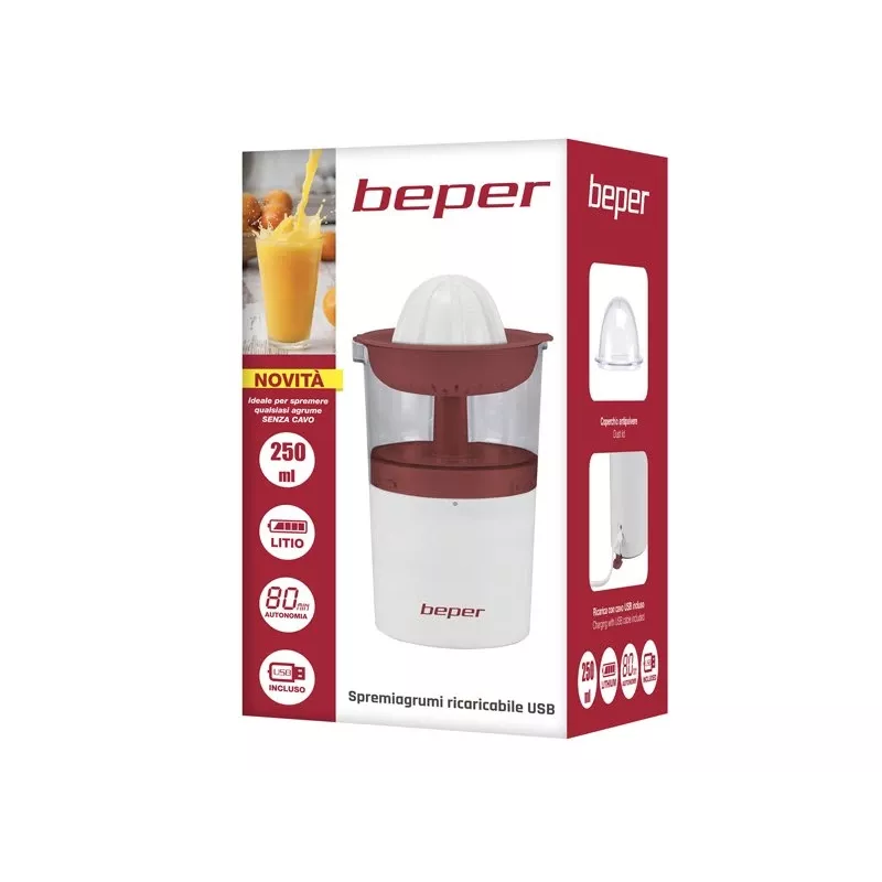 Beper P102EST100 USB-wiederaufladbare Zitruspresse, 250 ml, Weiß/Rot