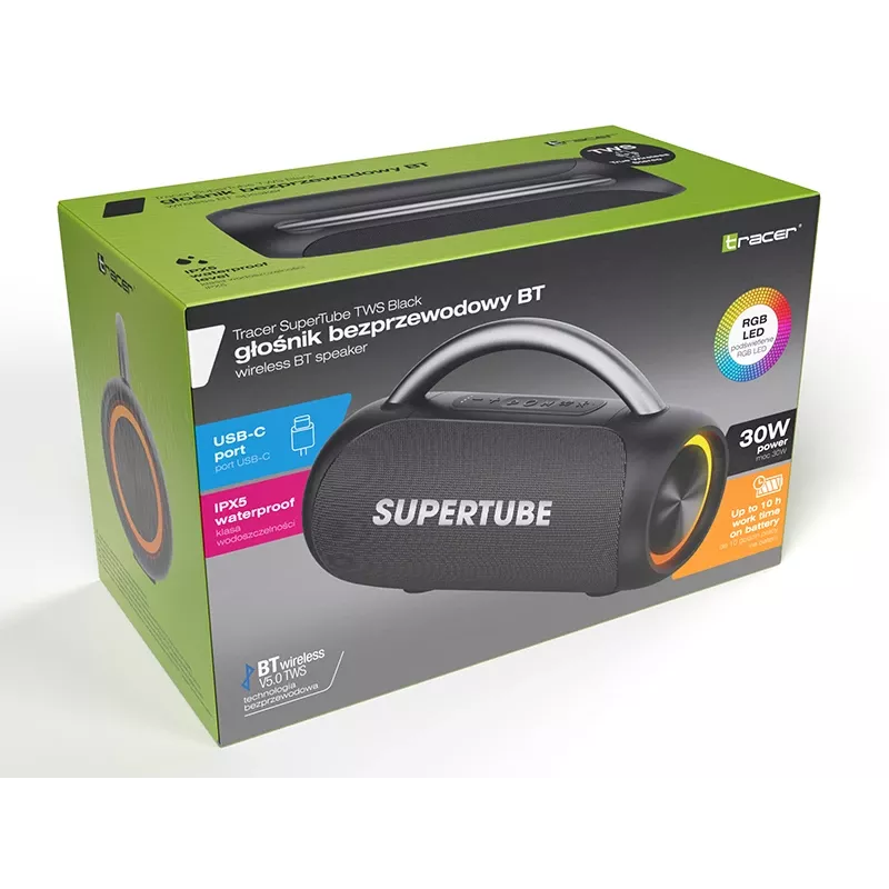 Tracer SuperTube TWS tragbarer Bluetooth-Lautsprecher, 30 W, IPX5, Schwarz