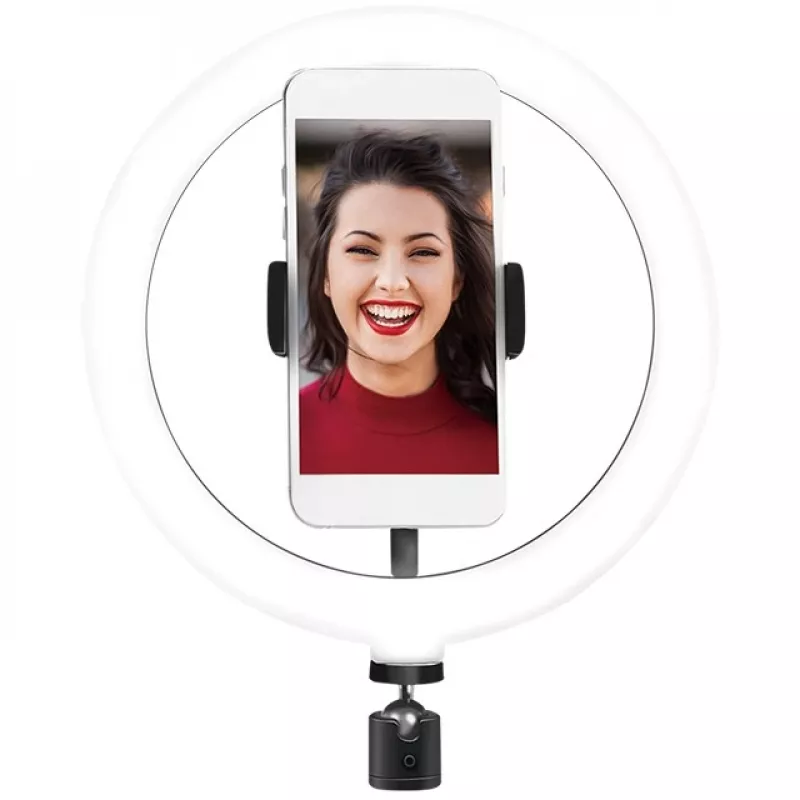 LogiLink AA0151 LED-Ringlicht für Smartphones, Ø 200 mm, 3 Farbmodi, dimmbar, 1/4-Zoll-Stativgewinde, mit Smartphone-Halterung, USB, 1,8 m Kabel, schwarz