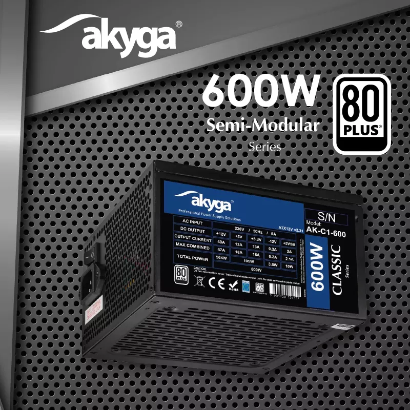 Akyga Classic AK-C1-600 ATX-Netzteil 600 W, 80 PLUS, aktive PFC, 120-mm-Lüfter