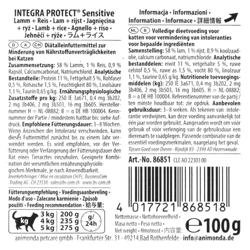 Animonda Integra Protect Sensitive Lamm mit Reis Nassfutter für Katzen 100 g