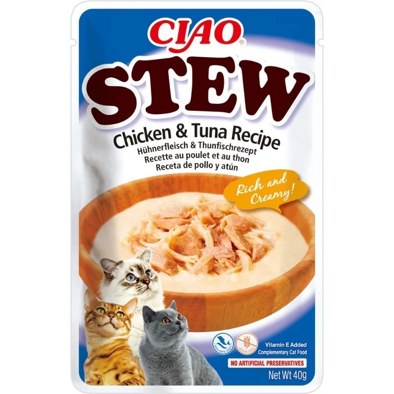 Nasses Katzenleckerli INABA Ciao Stew Chicken & Tuna 40 g Beutel, fleischhaltiger Sachet, 86,5 % Feuchtigkeit