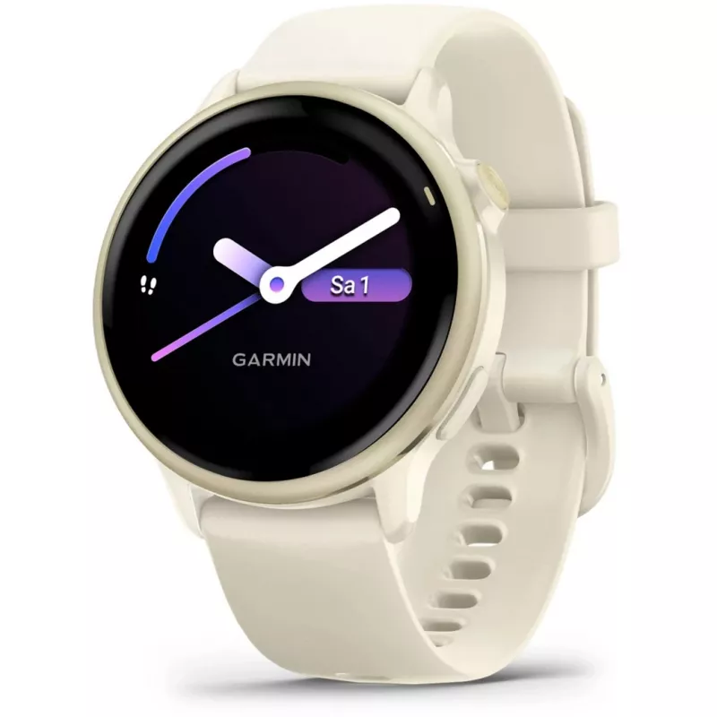 Garmin vívoactive 6 Smartwatch 42 mm, 1,2" AMOLED 390 x 390, Touchscreen, GPS, WLAN, 8 GB, Aluminiumgehäuse Lunar Gold, Silikonarmband Bone