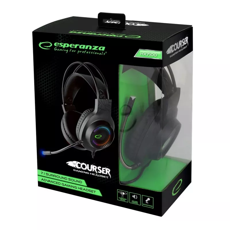 Esperanza EGH7100 Courser Gaming-Headset mit Mikrofon, 7.1 Virtual Surround, USB 2.0, Lautstärkeregler, Schwarz