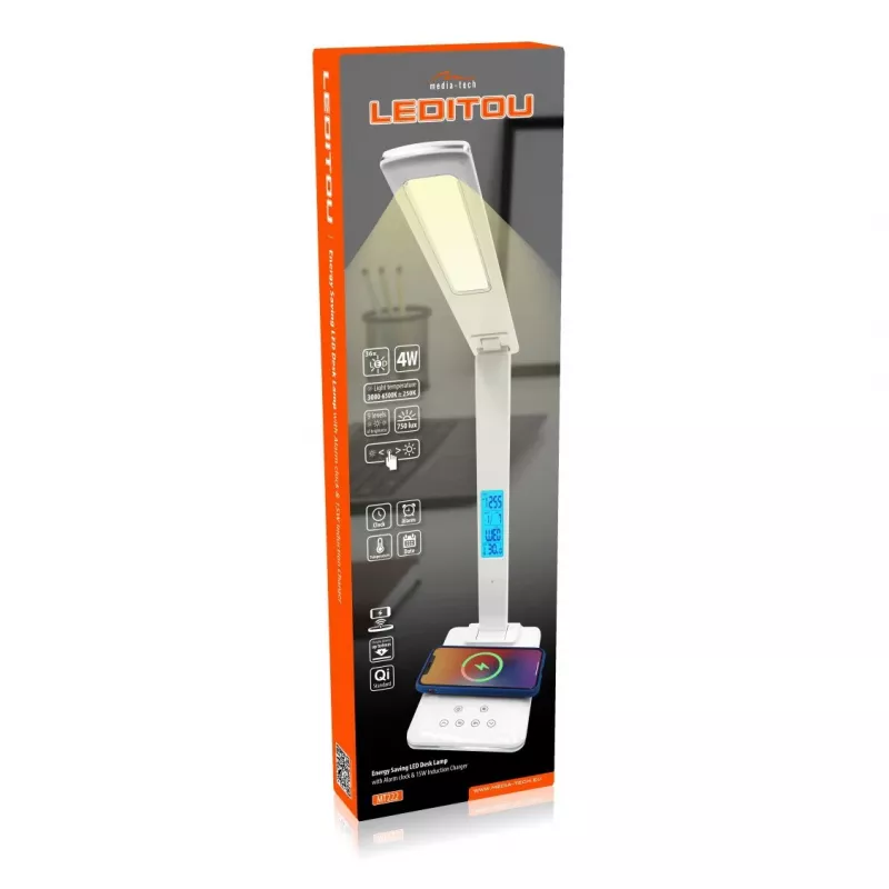 Media-Tech MT222 Leditou LED-Schreibtischlampe mit 15-W-Qi-Ladestation, Uhr, Wecker, Thermometer, weiß
