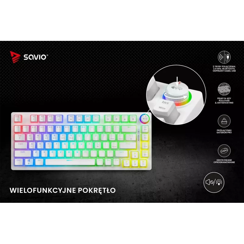 Gaming-Tastatur Savio Phenix WHITE GAT RED PUD Kabelgebunden Kabellos USB Bluetooth RGB LED