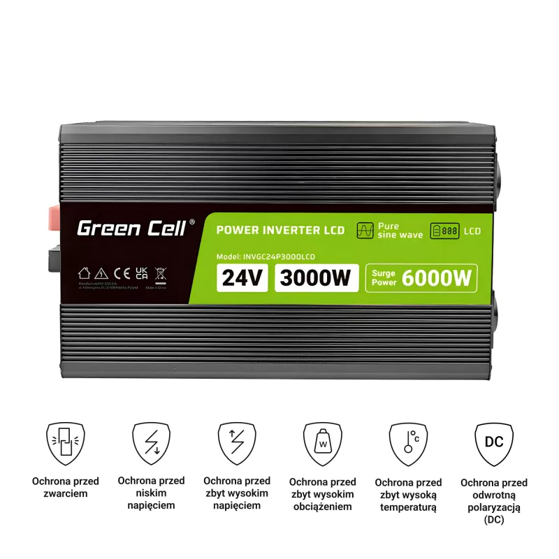 Auto-Wechselrichter Green Cell INVGC24P3000LCD 24V 3000W Reiner Sinus, 230V 50Hz, LCD, Typ F