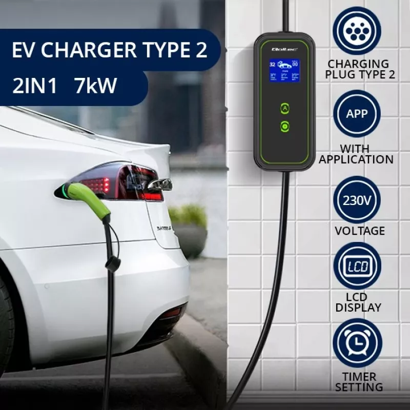 Qoltec Mobile EV Car Charger Adjustable 2in1 Type2 | 7kW | 230V | CEE 3 PIN | Wi-fi| LCD | Portable | Wallbox | 5m