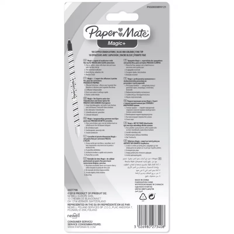 Paper Mate Magic+ Tintenlöscher, fein, Blau/Weiß, 10 Stück