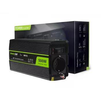 Auto-Wechselrichter Green Cell INV16 500 W DC 12 V auf AC 230 V, 50 Hz, USB-Anschluss, Aktive Kühlung, Schwarz