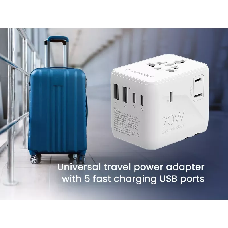 Gembird TPA-2A3C70-01-W Universal-Reisenetzteil, 3x USB-C, 2x USB-A, 70 W, GaN, weiß