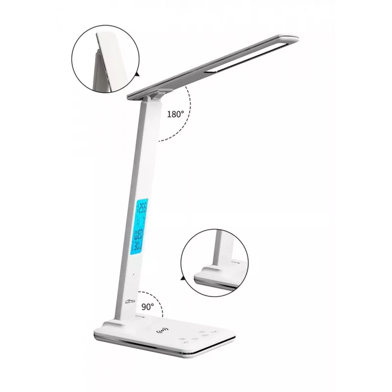 Media-Tech MT222 Leditou LED-Schreibtischlampe mit 15-W-Qi-Ladestation, Uhr, Wecker, Thermometer, weiß