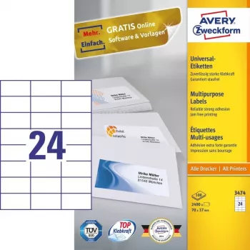Avery 3474 selbstklebendes Etikett Rechteck Permanent Weiß 2400 St.