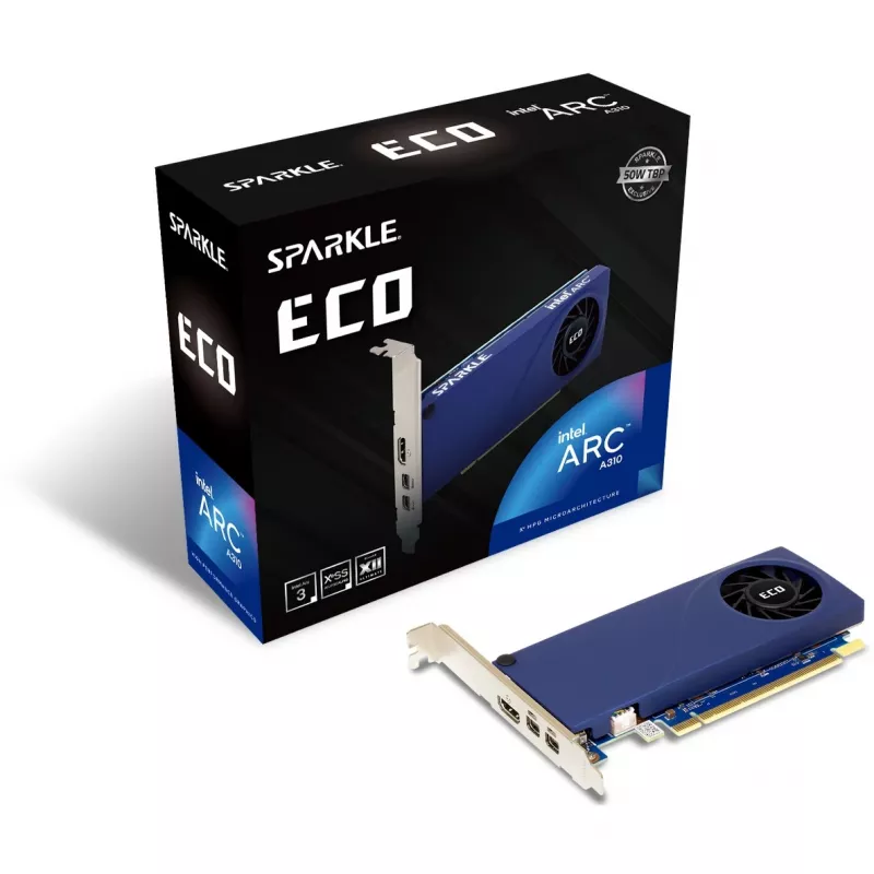Sparkle Intel Arc A310 ECO SA310C-4G Grafikkarte, 4 GB GDDR6, 64 Bit, PCIe 4.0 x8, 1000 MHz, Low Profile, 1 Lüfter