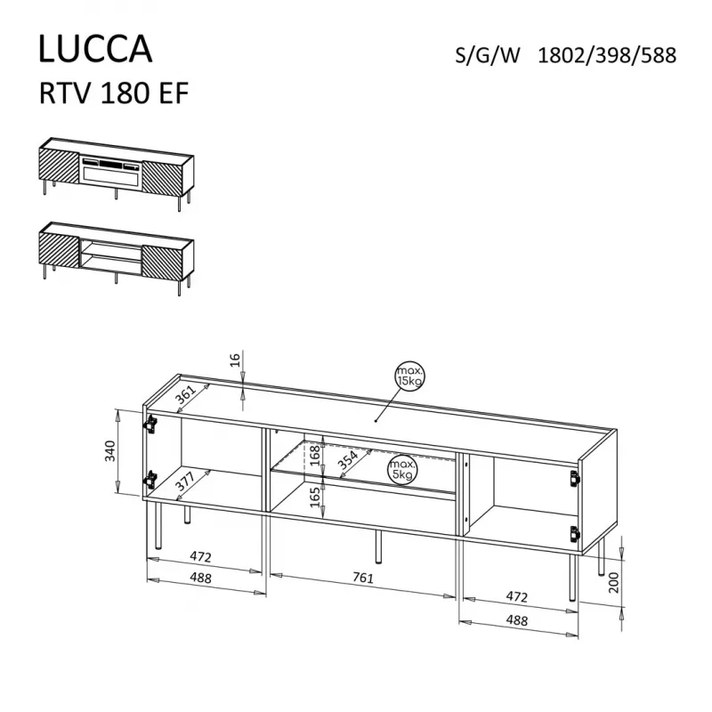TV cabinet cama meble LUCCA 180x40x59 cm, weiße Oberseite und Rahmen, schwarzer elektrischer Kamin