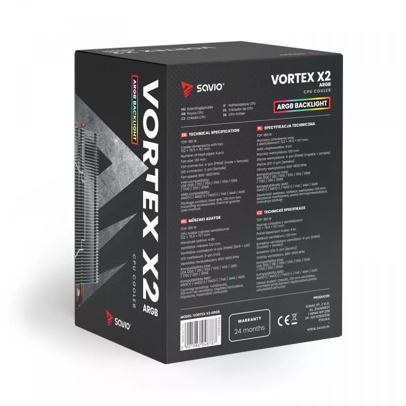 CPU-Luftkühler SAVIO SAVGCOVORTEXX2ARGB mit 4 Heatpipes, 120-mm-ARGB-Lüfter, schwarz
