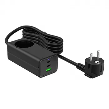 Akyga AK-CH-21 GaN-USB-Ladegerät 65 W, 2 x USB-C + USB-A, mit Steckdose, 1,5 m, Schwarz