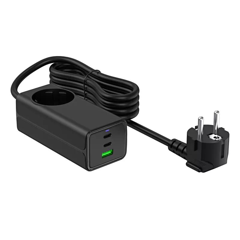 Akyga AK-CH-21 GaN-USB-Ladegerät 65 W, 2 x USB-C + USB-A, mit Steckdose, 1,5 m, Schwarz