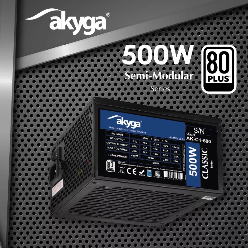 Akyga Classic AK-C1-500 ATX-Netzteil 500 W, 80 PLUS, aktive PFC, 120-mm-Lüfter