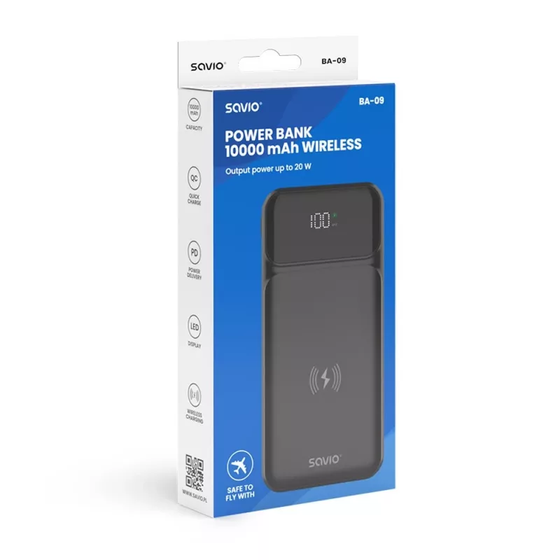 Savio BA-09 kabellose Powerbank, 10000 mAh, Schwarz