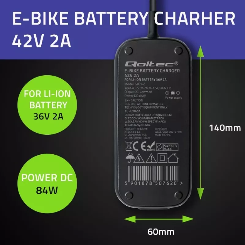 Ladegerät QOLTEC für E-Bike Bosch 50762 36V/42V 2A