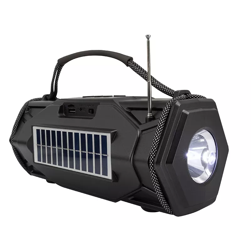 Tracer Explorer TRAGLO47616 tragbarer Bluetooth-Lautsprecher, TWS, Bluetooth 5.3, 15 W RMS, UKW-Radio, Taschenlampe, Solarpanel, 1800-mAh-Powerbank, microSD, Schwarz