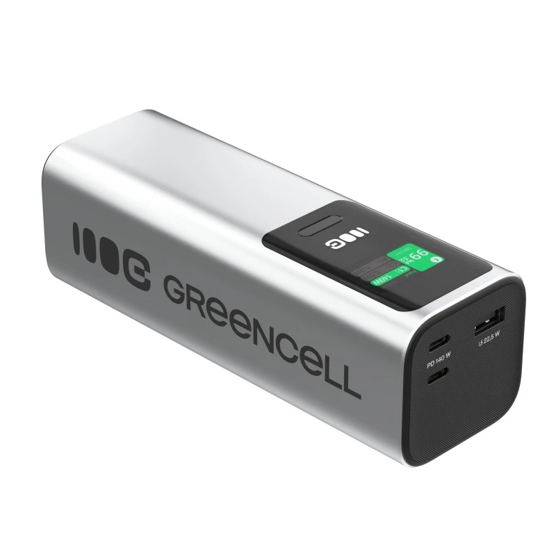 Tragbare Batterie Green Cell PBGC25UD, 25200 mAh, Li‑Ion, 140 W Gesamtleistung, 2× USB‑C + 1× USB‑A, OLED-Display, Aluminiumgehäuse