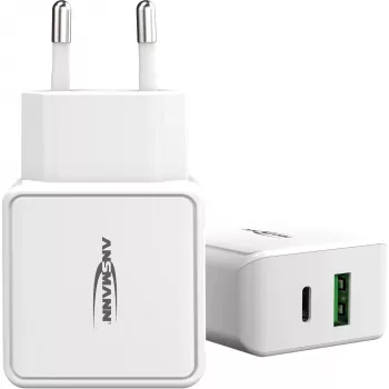 ANSMANN HC218PD - Netzteil - 18 Watt - 3000 mA - PD, QC 3.0 - 2 Ausgangsports (USB, USB-C) - Weiß (1001-0111)