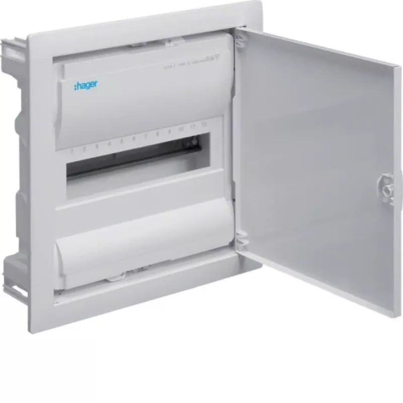 Hager Volta VU12NE Unterputz-Verteiler, 1 Reihe, 12 Module, IP30, Metalltür, 348×356×98 mm, weiß