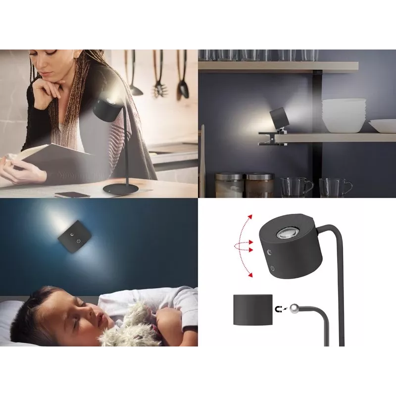 Beper P201UTP304 aufladbare LED-Lampe mit magnetischem Fuß, Klemme und Wandhalterung, 2,3 W, dimmbar, schwarz