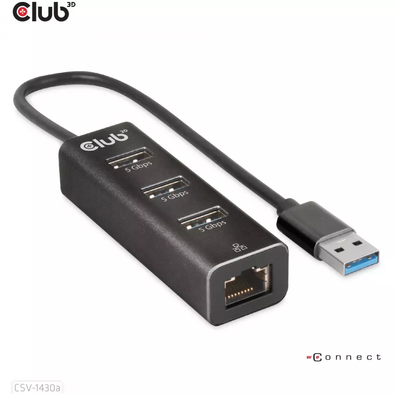 USB-Hub CLUB3D USB 3.2 Gen1 Type-A mit 3 Anschlüssen und Gigabit-Ethernet