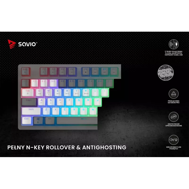 Gaming-Tastatur Savio Phenix WHITE GAT RED PUD Kabelgebunden Kabellos USB Bluetooth RGB LED