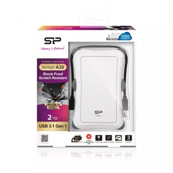 Externe HDD Silicon Power Armor A30 2 TB 2,5 Zoll USB 3.2 Gen 1, weiß, stoßfest, 256-Bit-AES