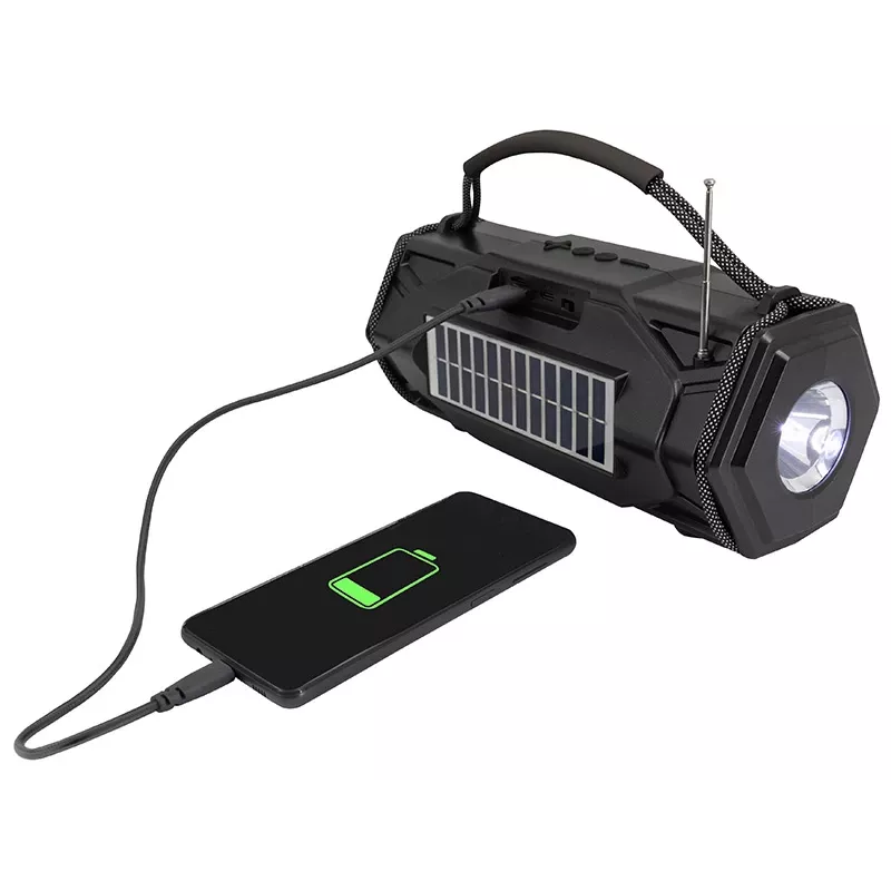 Tracer Explorer TRAGLO47616 tragbarer Bluetooth-Lautsprecher, TWS, Bluetooth 5.3, 15 W RMS, UKW-Radio, Taschenlampe, Solarpanel, 1800-mAh-Powerbank, microSD, Schwarz