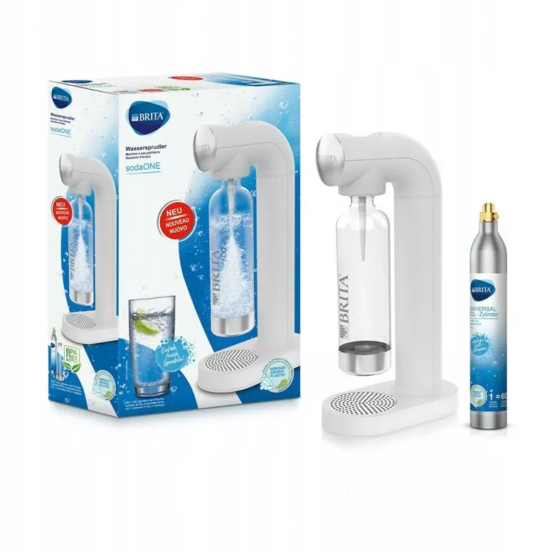 BRITA sodaONE Wassersprudler mit 1-l-PET-Flasche und CO2-Zylinder, bis zu 60 l pro Zylinder, weiß