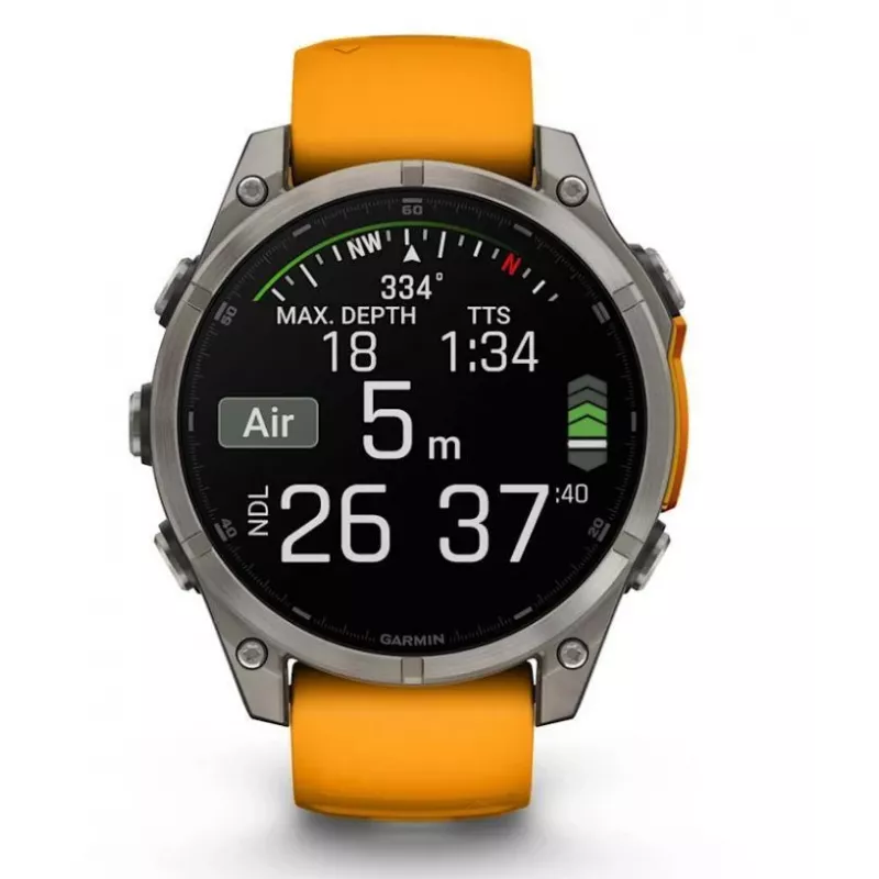 Garmin fenix 8 AMOLED Sapphire 51 mm GPS-Smartwatch, 3,56 cm (1,4") 454 x 454 Touchscreen, WLAN, Spark Orange/Graphite Silikonarmband, Titan