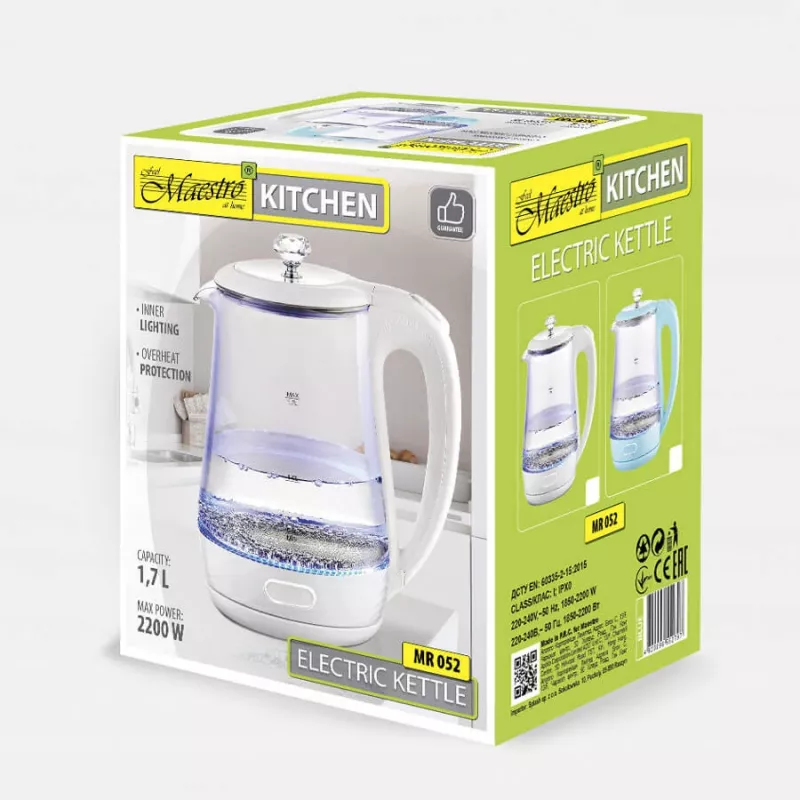 Maestro MR-052-BLUE Elektrischer Glas-Wasserkocher, 1,7 l, 2200 W, Blau