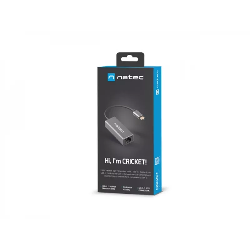 Natec Cricket NNC-1925 USB-C 3.1 Gen 1 auf RJ45 Ethernet-Adapter, 1000 Mbit/s, 15 cm Kabel, Aluminium, grau