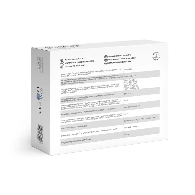 Innenbereich-AC-Ladegerät SAVIO ZA-01, 65W USB‑C PD 3.0, 100–240V Eingang, einzelner Anschluss, schwarz