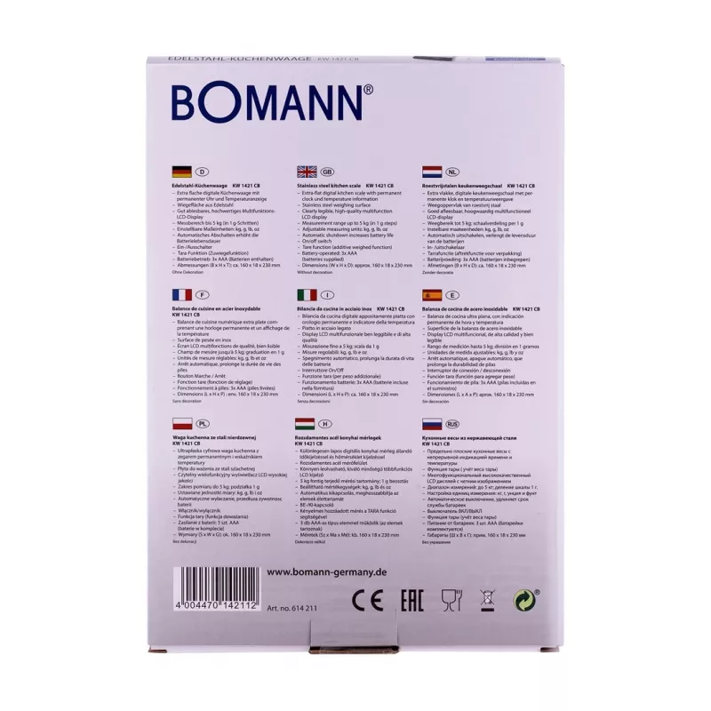 Bomann KW 1421 CB Küchenwaage, LCD-Display, Edelstahl, 160 x 230 x 18 mm, AAA, Schwarz (614211)